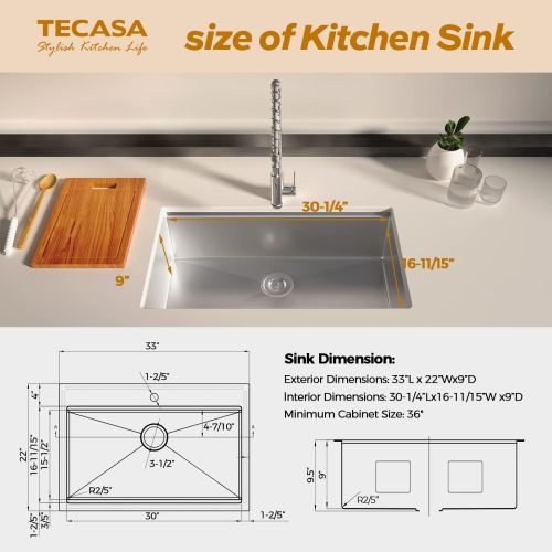 VENETIO 33 Inch Dual Mount Stainless Steel Kitchen Sink with Faucet Combo - Single Bowl, All-in-One Undermount or Drop-In Sink ➡ K-00021
