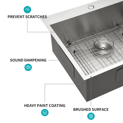 VENETIO 25x22x9 inch Kitchen Sink Drop In 18 Gauge Stainless Steel 25" Single Bowl Topmount Kitchen Sink Basin ➡ K-00020