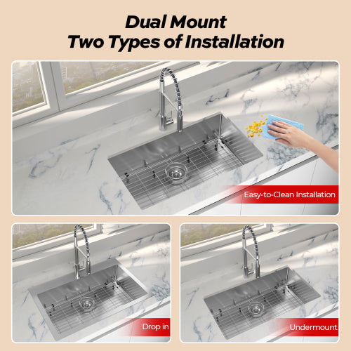 VENETIO 33 Inch Dual Mount Stainless Steel Kitchen Sink with Faucet Combo - Single Bowl, All-in-One Undermount or Drop-In Sink ➡ K-00021