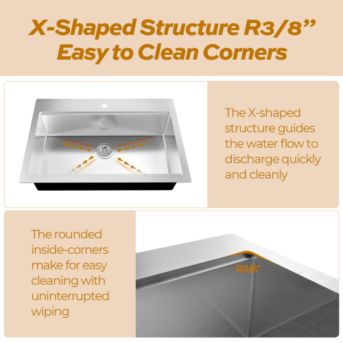 VENETIO 33 Inch Dual Mount Stainless Steel Kitchen Sink with Faucet Combo - Single Bowl, All-in-One Undermount or Drop-In Sink ➡ K-00021