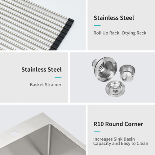 VENETIO 25x22x9 inch Kitchen Sink Drop In 18 Gauge Stainless Steel 25" Single Bowl Topmount Kitchen Sink Basin ➡ K-00020