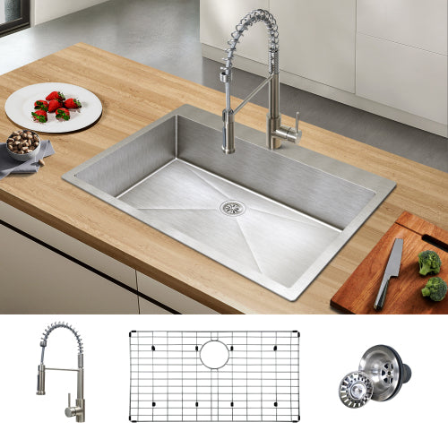 VENETIO 33 Inch Dual Mount Stainless Steel Kitchen Sink with Faucet Combo - Single Bowl, All-in-One Undermount or Drop-In Sink ➡ K-00021