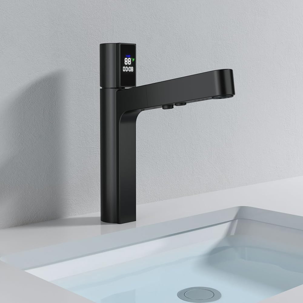 Bathroom Faucet with Pull Out Sprayer and LED Temperature Display