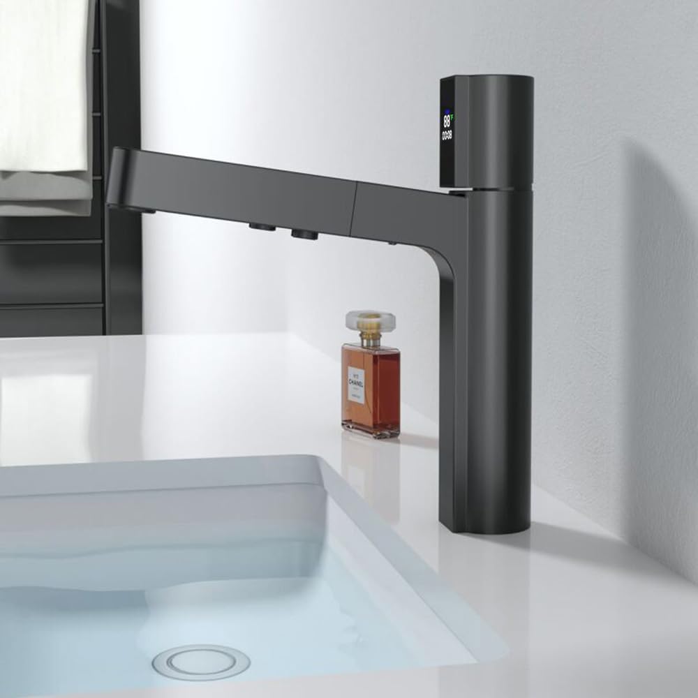 Bathroom Faucet with Pull Out Sprayer and LED Temperature Display
