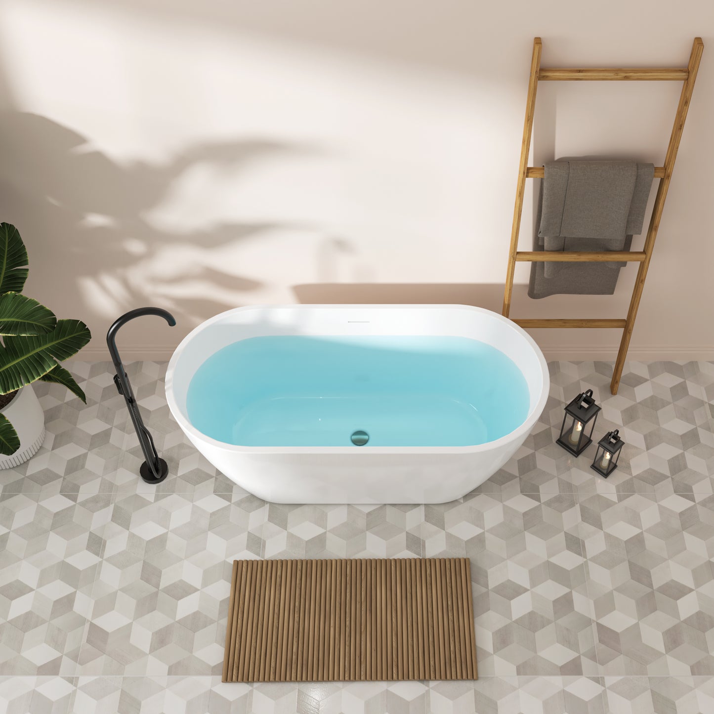 59" Glossy Acrylic Freestanding Bathtub with Brushed Nickel Drain