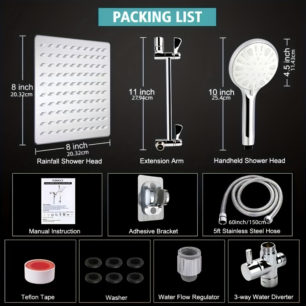 VENETIO 8 High Pressure Rainfall Shower Head & Handheld Combo with 9 Settings, 11 Extension Arm & Adjustable Holder/Hose âž¡ BF-00005