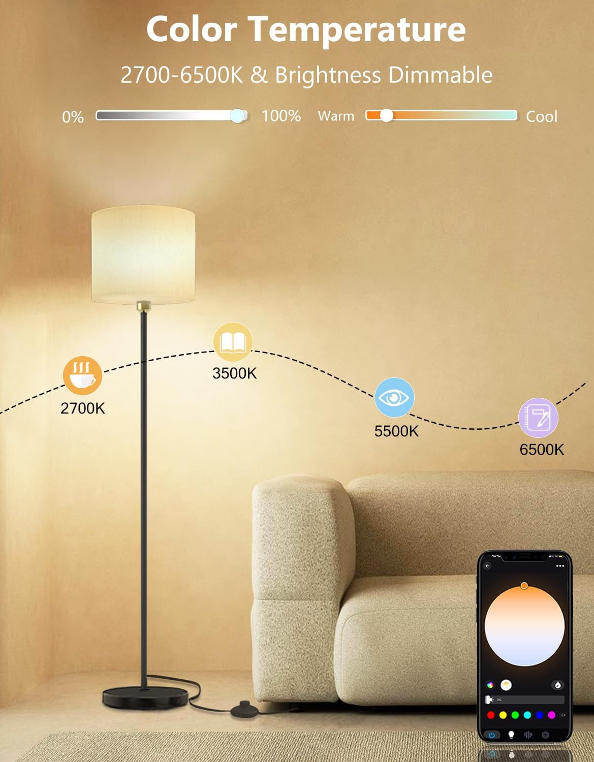 Floor Lamp with Alexa & Google, LED Tall Lamp