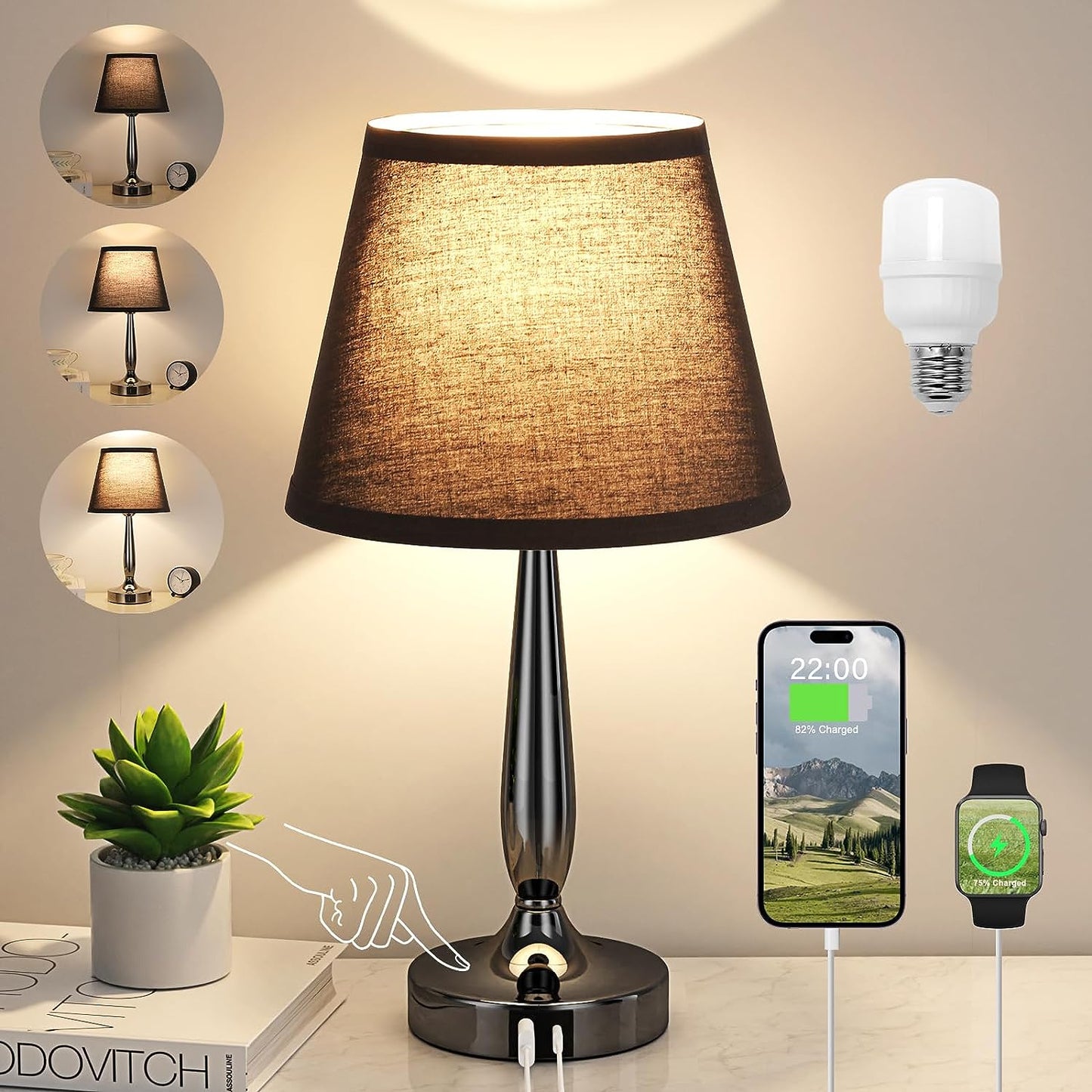 Touch Table Lamp with USB Ports, 3 Way Dimmable