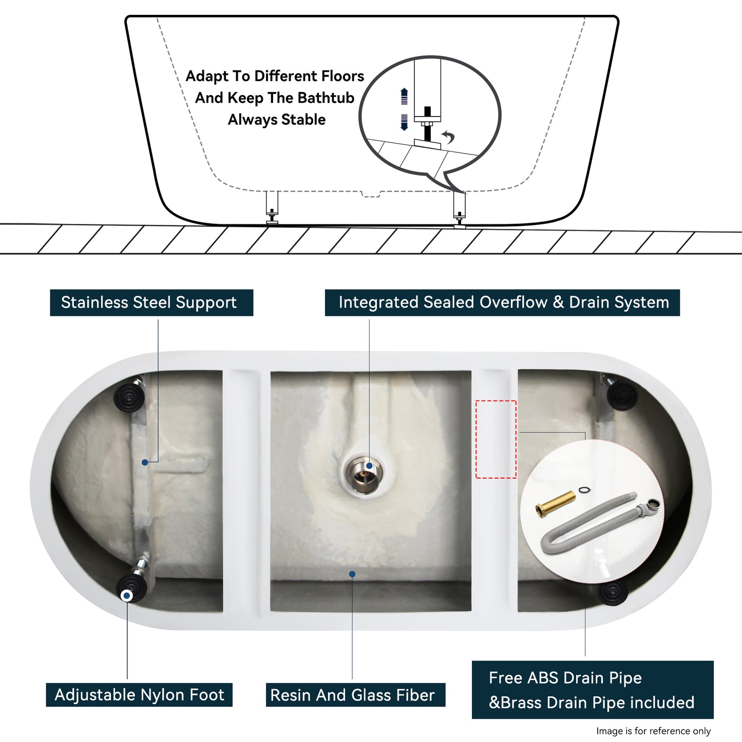 59" Glossy Acrylic Freestanding Bathtub with Brushed Nickel Drain