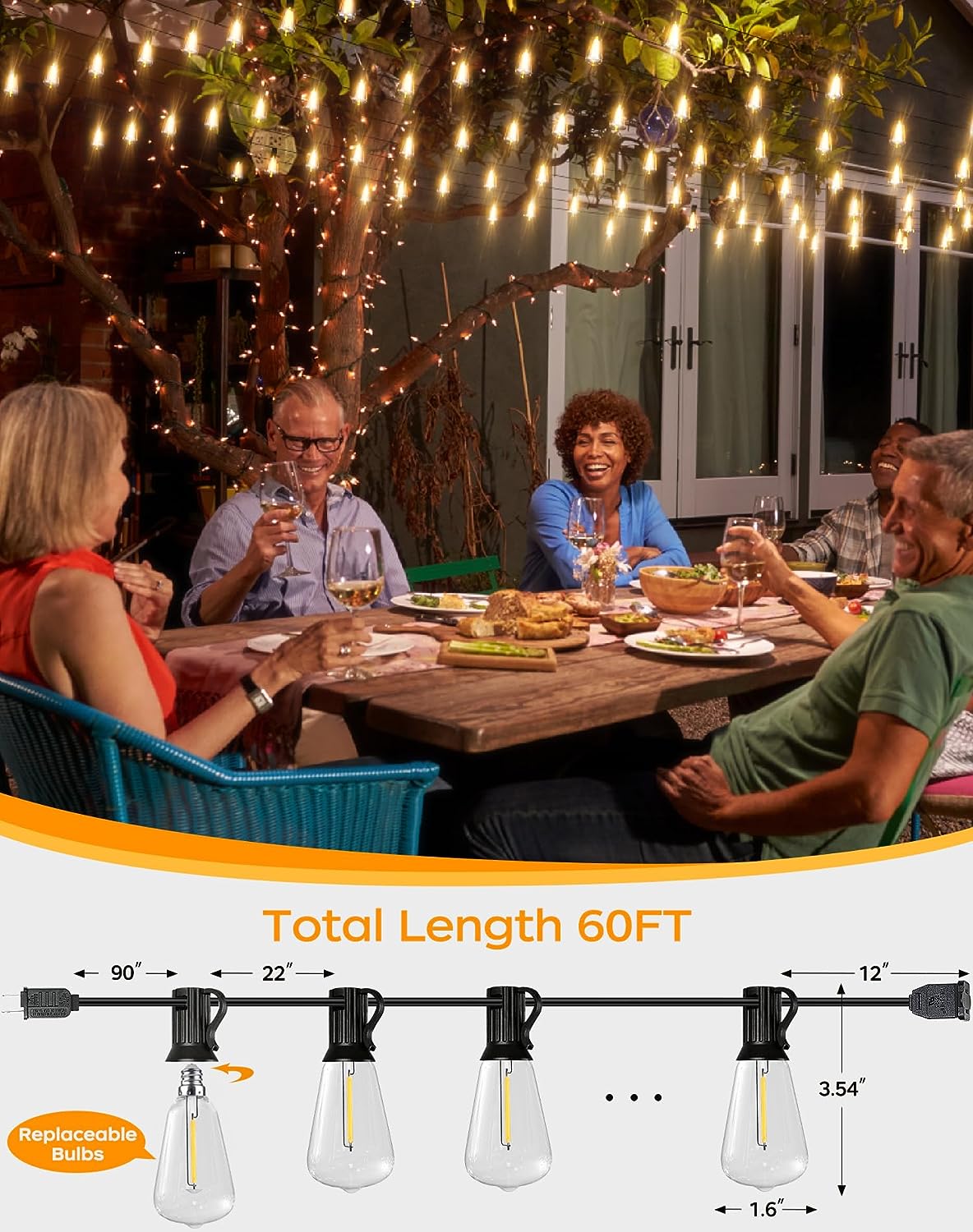 LED Outdoor String Lights 60FT Patio Lights