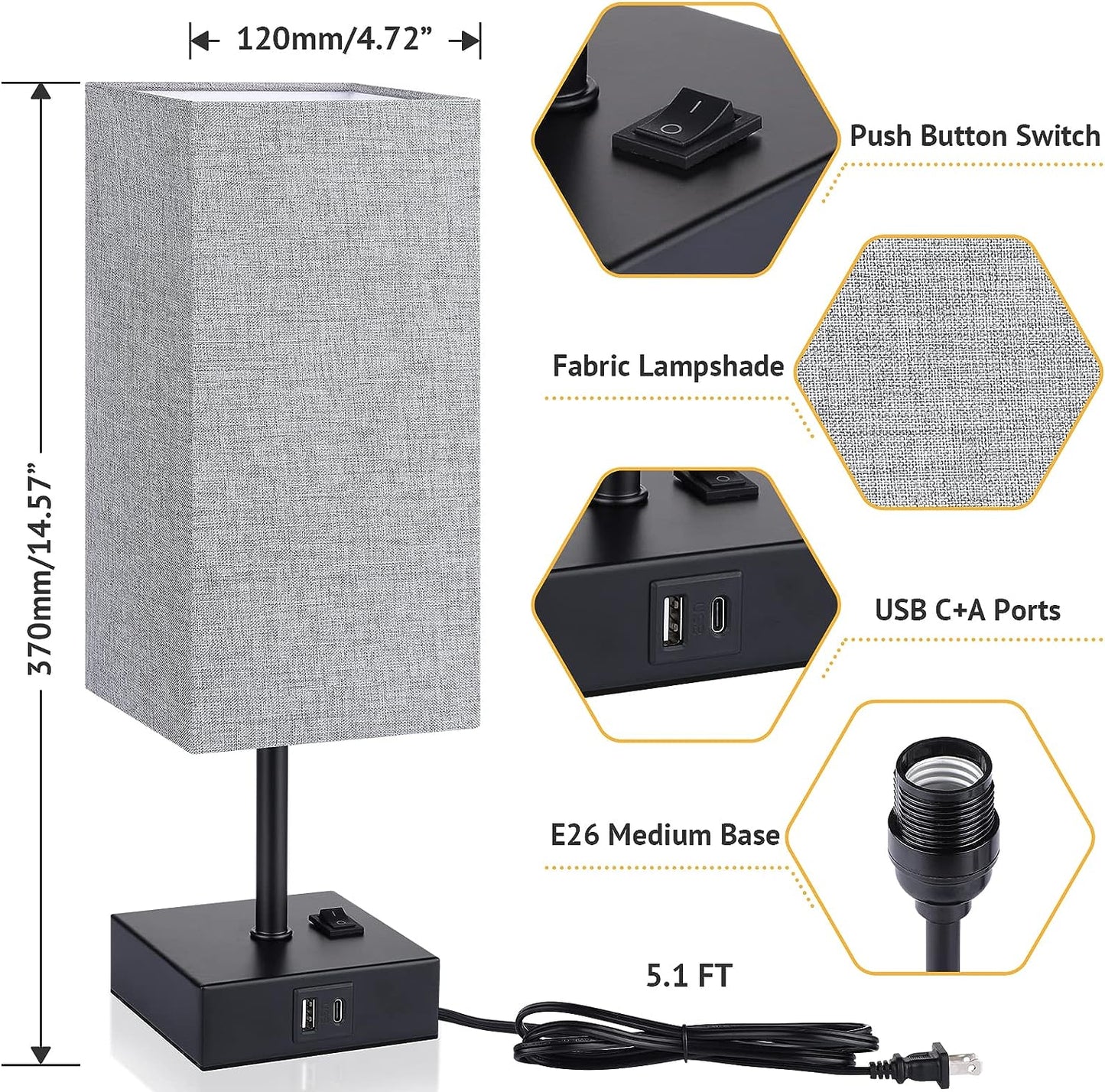 Bedside Table Lamps with USB Charging Ports Set of 2