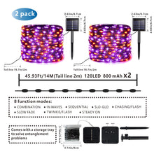 Load image into Gallery viewer, VENETIO 2-Pack Halloween Lights - 39.37ft Purple Solar Lights with 120 LEDs, 8 Modes for Halloween Party DIY Decor, Includes Twinkle Orange String Lights ➡ OD-00002