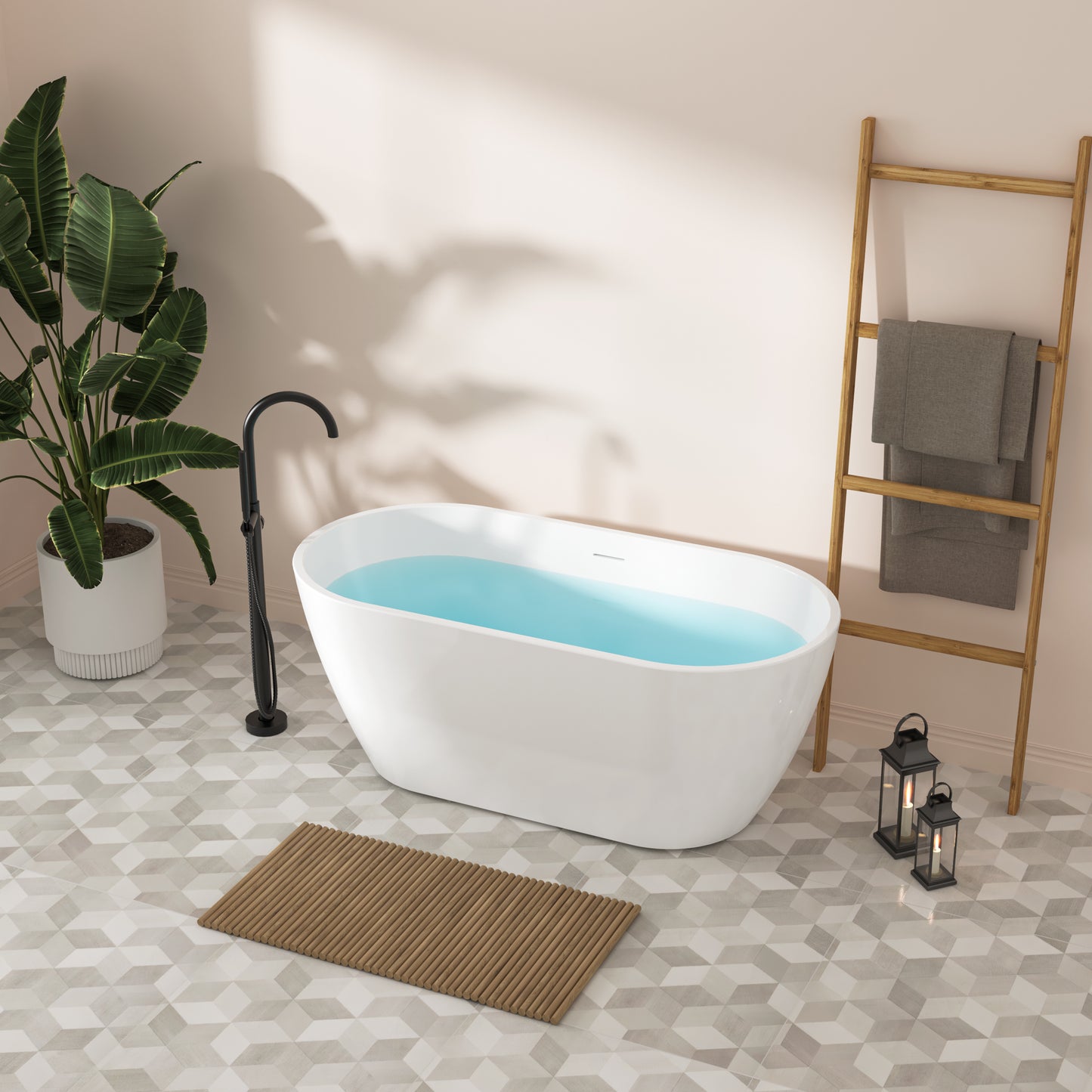 59" Glossy Acrylic Freestanding Bathtub with Brushed Nickel Drain