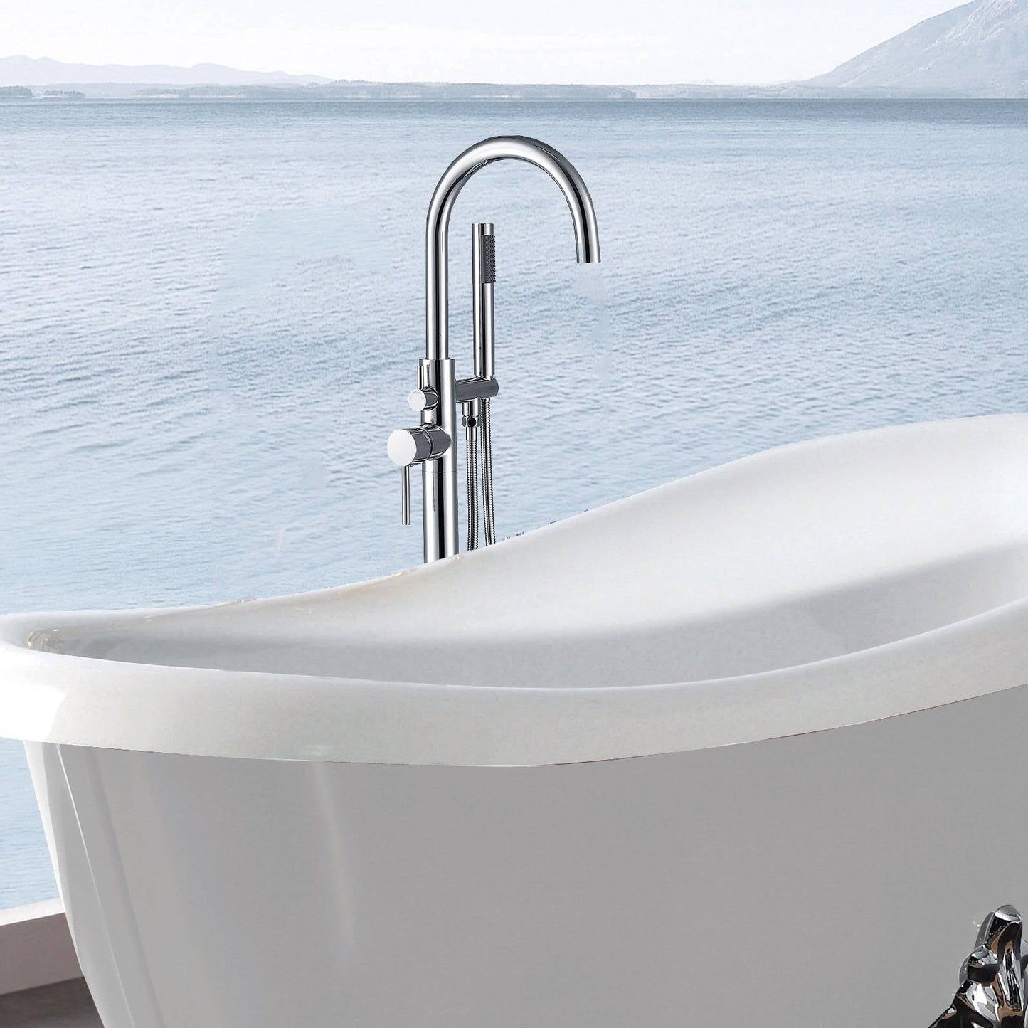 Venetio Single Handle Floor Mounted Freestanding Tub Filler Sliver Clawfoot Faucet With Hand Shower - Venetio