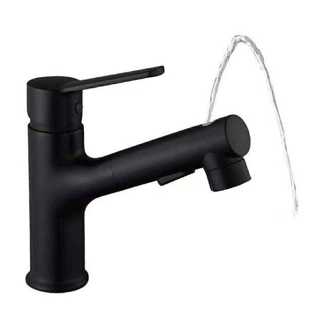 Venetio Pull Out Bathroom Sink Faucet Black Hot Cold Water Mix Crane 360 Rotate Gargle Tap Faucet - Venetio