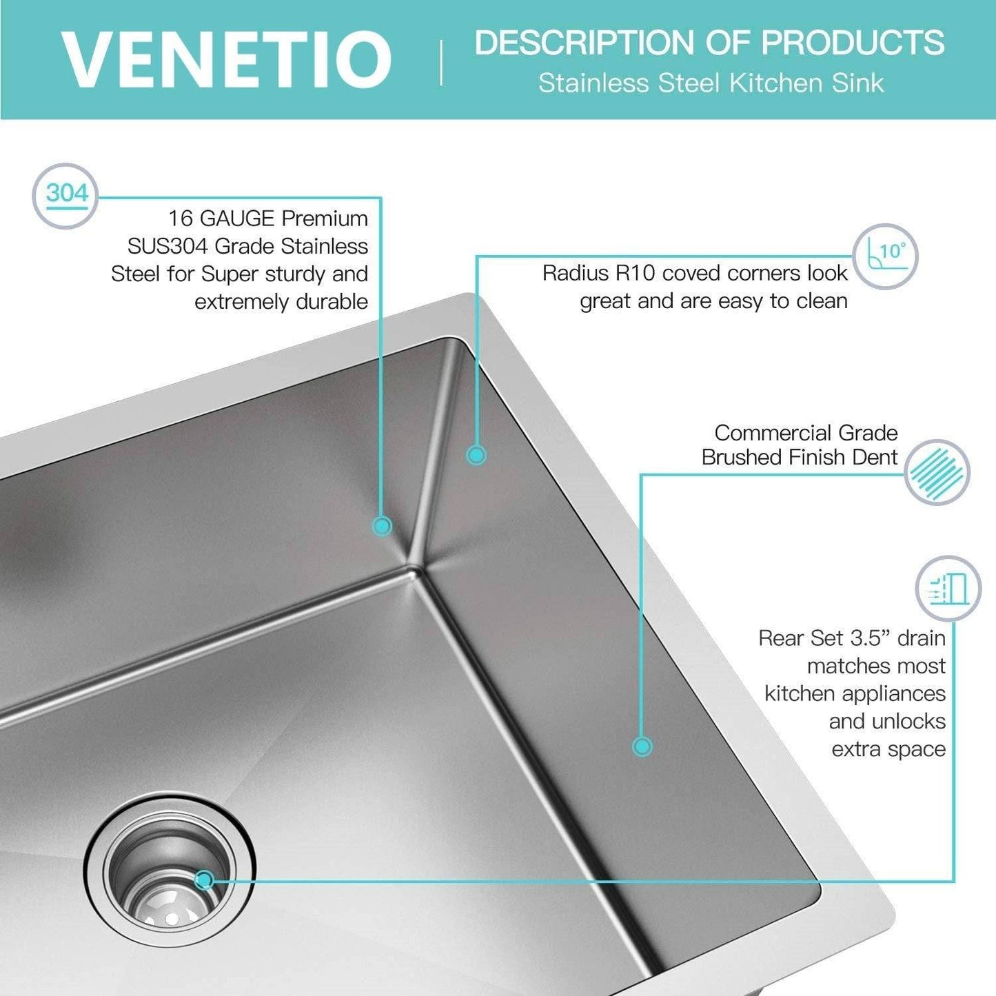 32'' x 19'' Single Bowl Kitchen Sink 16 Gauge Undermount Stainless Steel Kitchen Sink, Bar or Prep Kitchen sink - Venetio
