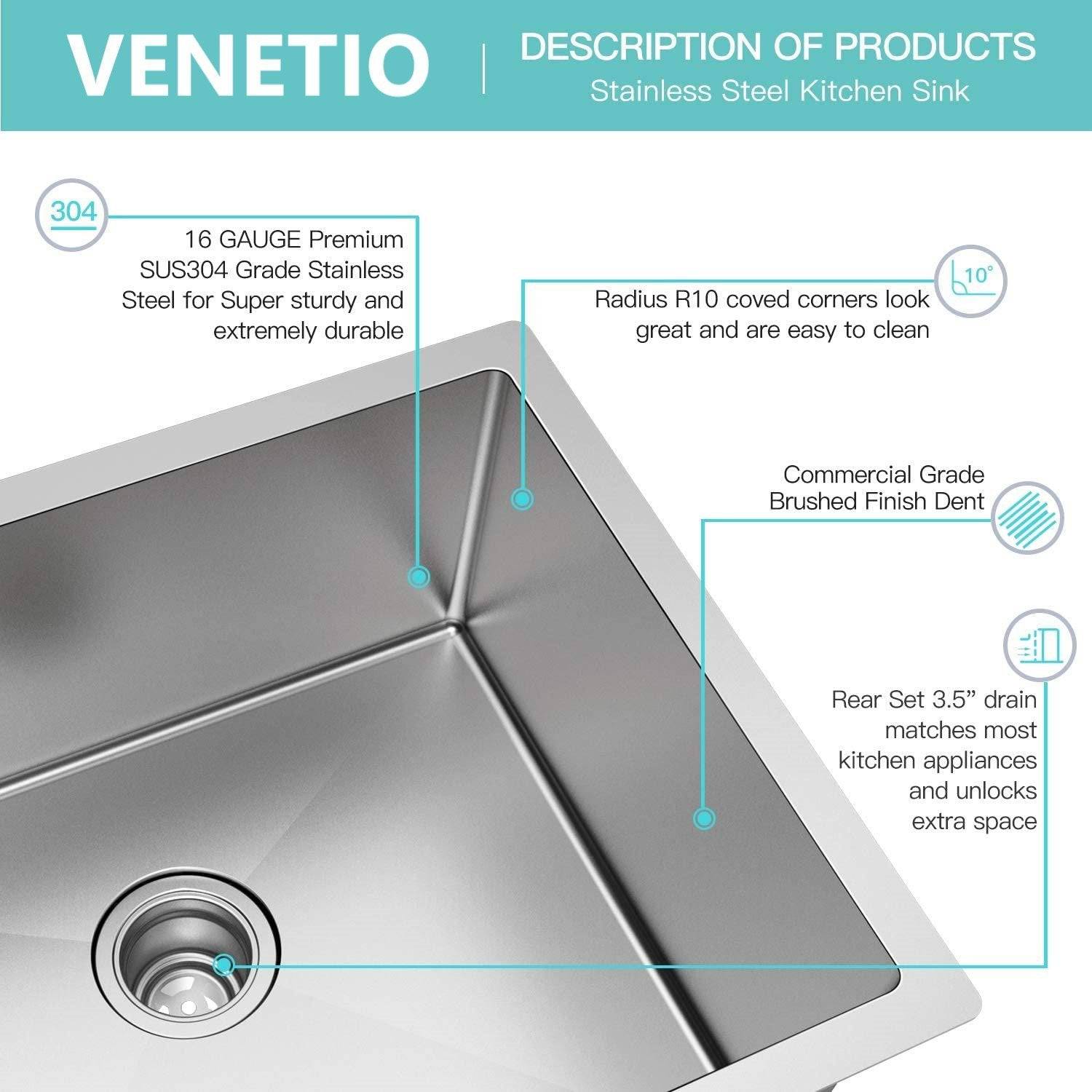 32'' x 19'' Single Bowl Kitchen Sink 16 Gauge Undermount Stainless Steel Kitchen Sink, Bar or Prep Kitchen sink - Venetio
