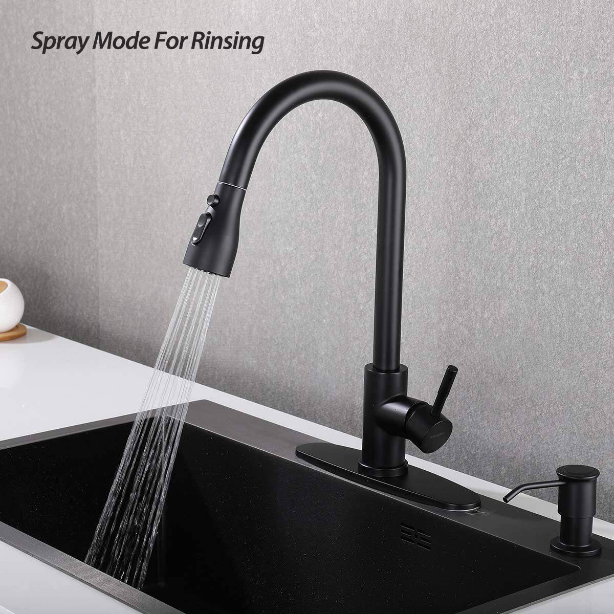 Matte Black Kitchen Faucet, Single Hole Faucets for Kitchen Sinks, Stainless Steel Kitchen Sink Faucets with Pull Down Sprayer - Venetio