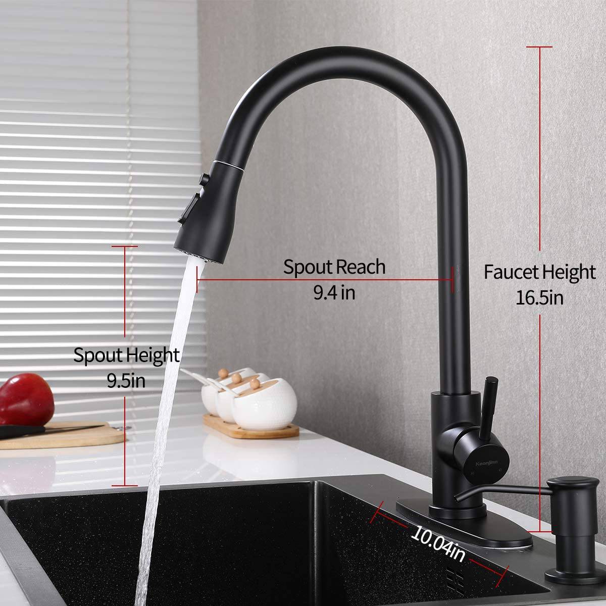 Matte Black Kitchen Faucet, Single Hole Faucets for Kitchen Sinks, Stainless Steel Kitchen Sink Faucets with Pull Down Sprayer - Venetio