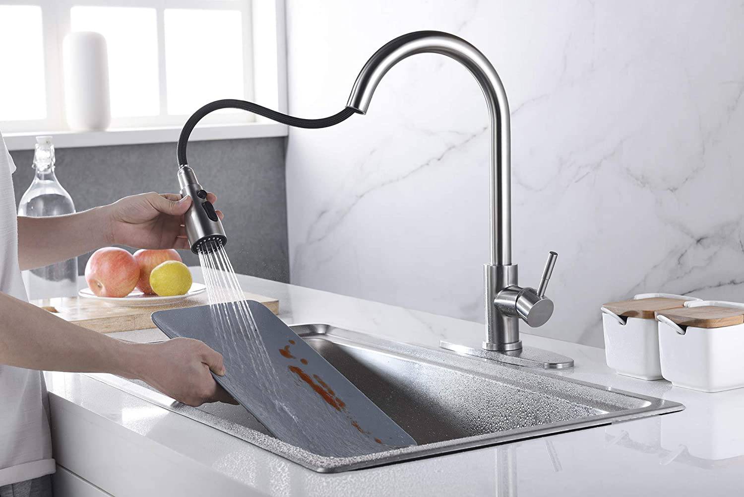 Stainless Steel Kitchen Faucets, High Arc Single Handle Pull out Brushed Nicke, Single Level with Pull down Sprayer - Venetio