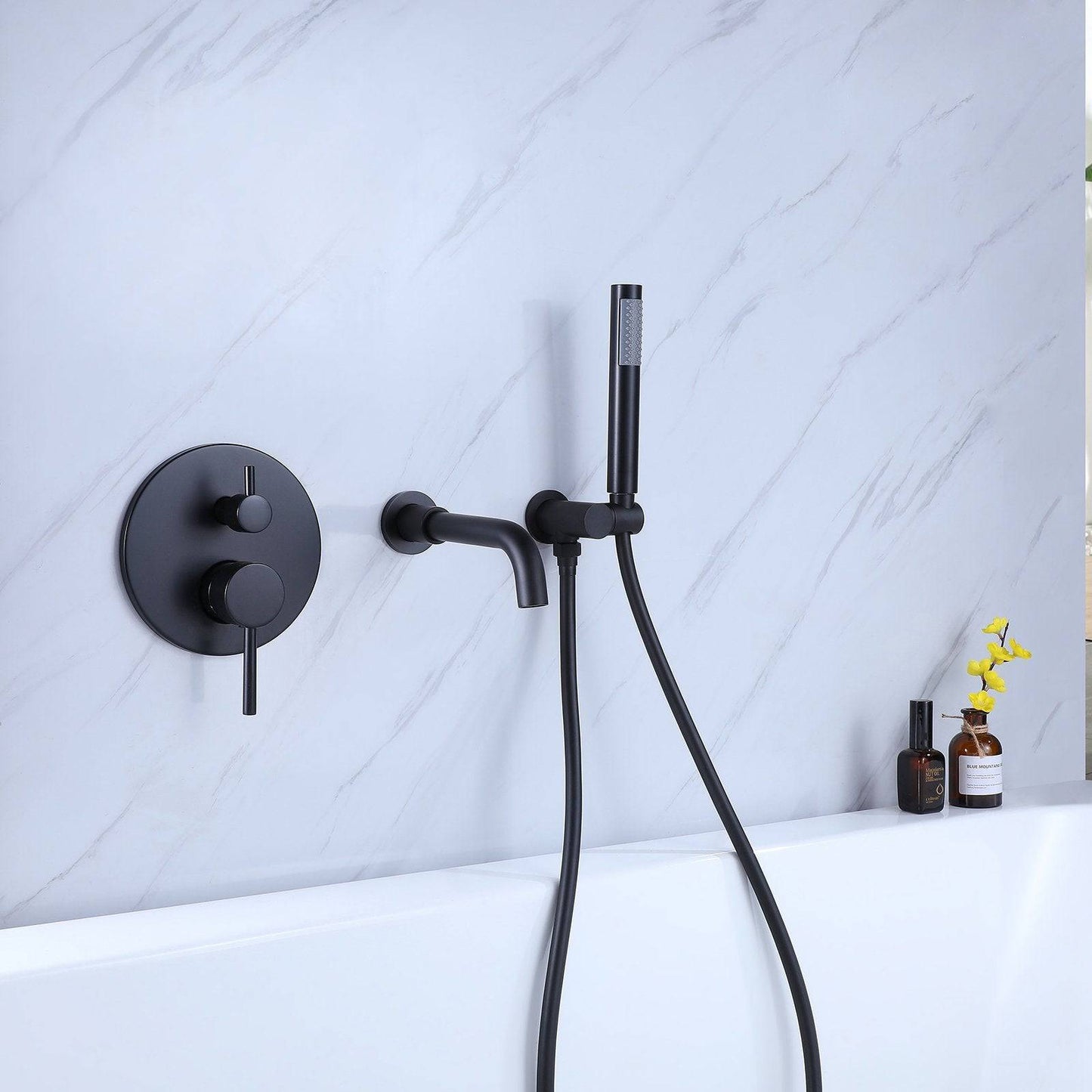 Venetio Double Handle Wall Mount Tub and Shower Faucet With Hand Shower In Black - Venetio