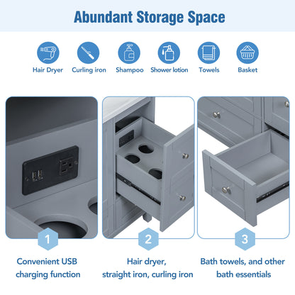 36" White & Gray Blue Bathroom Vanity with USB Charging Freestanding