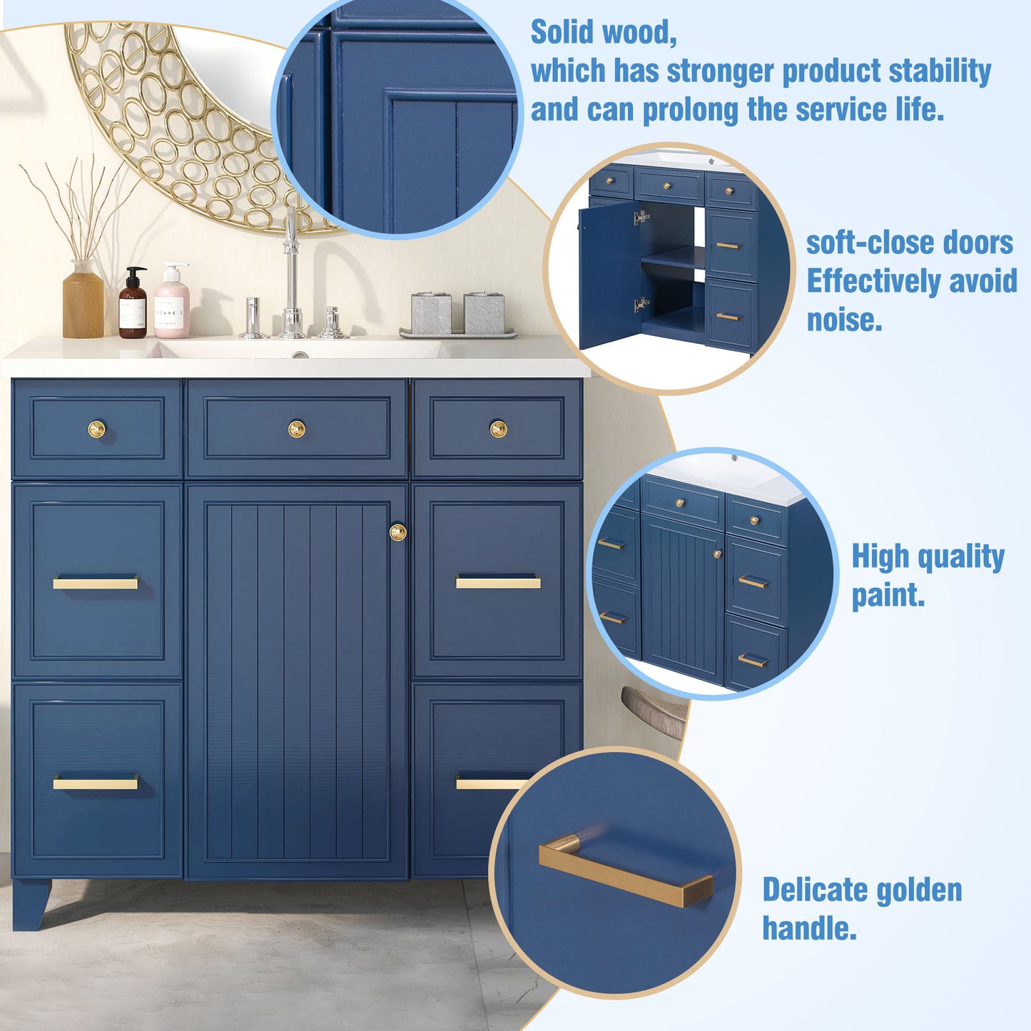 36" Navy Blue Bathroom Vanity with Sink Top Combo Freestanding