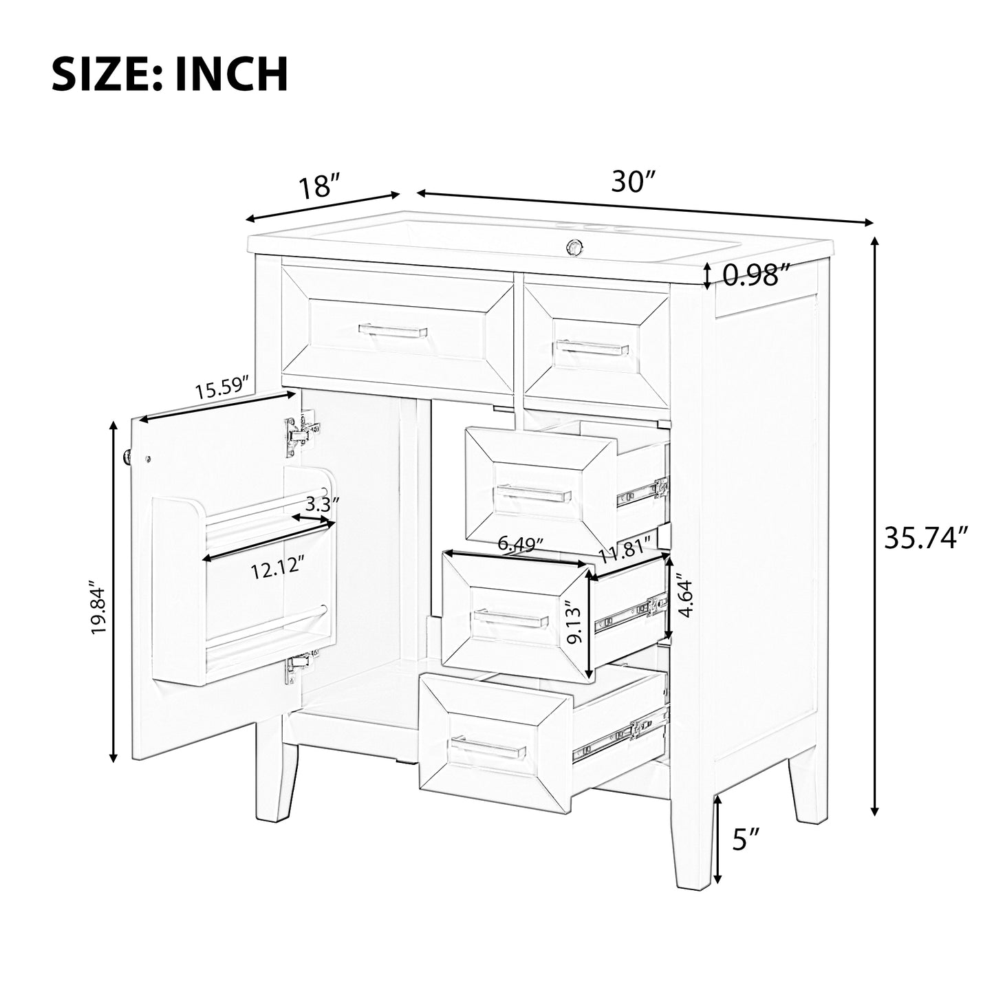 30" Green Bathroom Vanity with Sink Freestanding Drawers Solid Frame