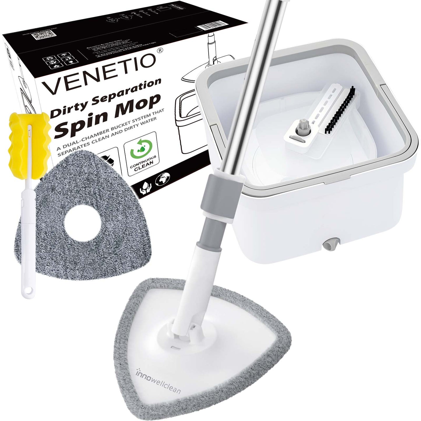 VENETIO Innowellclean Dirty Separation Triangle Spin Mop for Floor Cleaning (2 Pads)