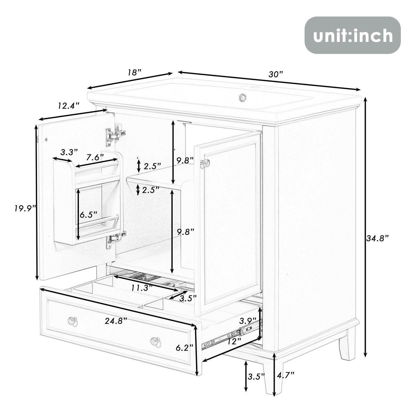 30" Grey Bathroom Vanity with Sink Freestanding Multifunctional Cabinet