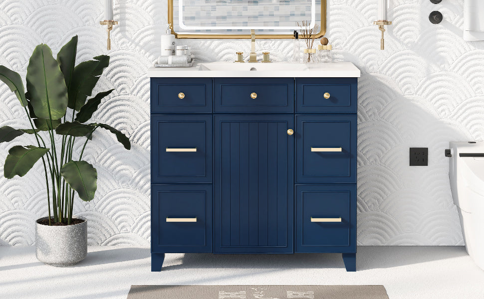 36" Navy Blue Bathroom Vanity with Sink Top Combo Freestanding