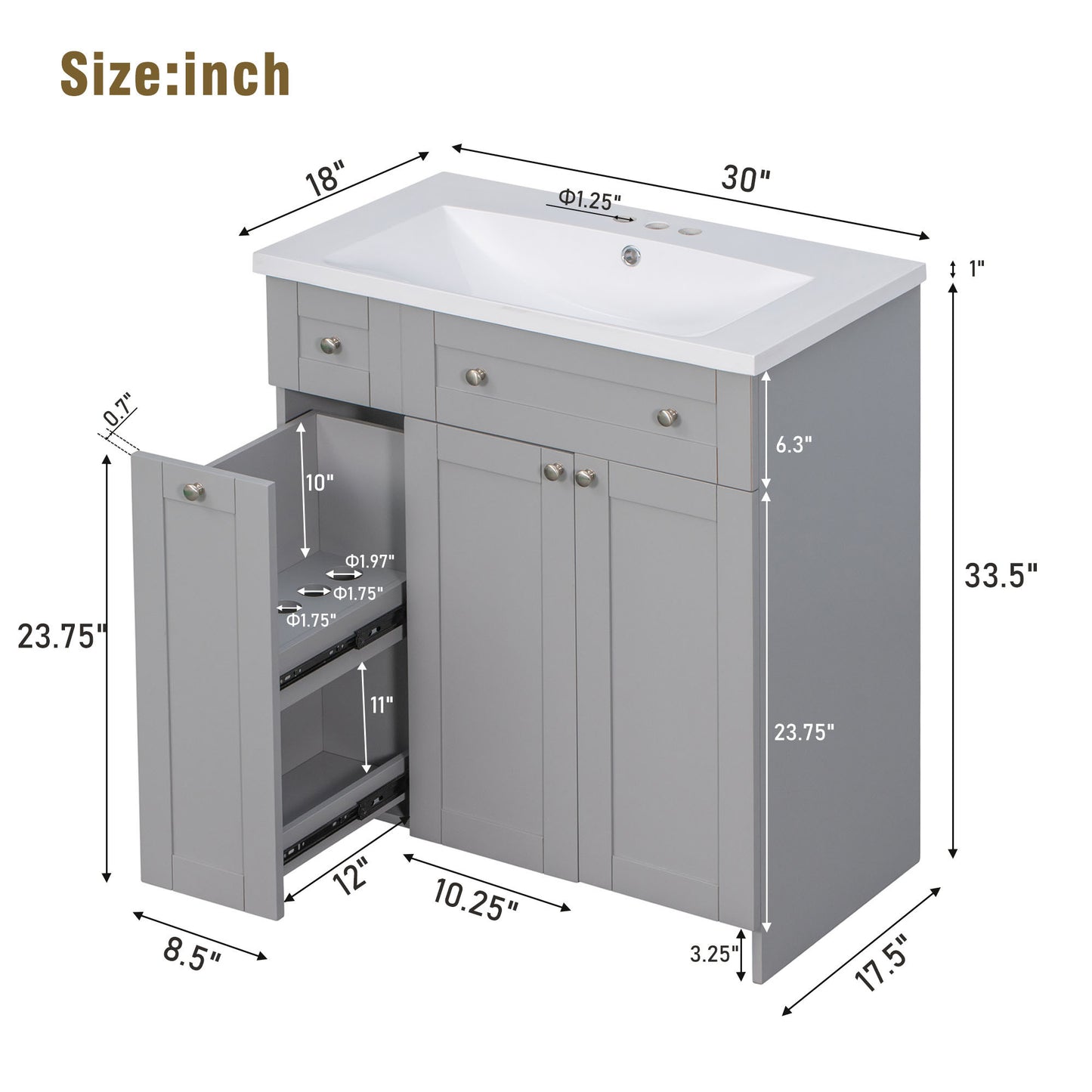 30" Grey Bathroom Vanity with Single Sink Freestanding Combo Cabinet