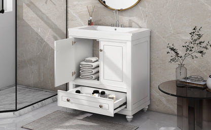 30" White Bathroom Vanity with Sink Freestanding Doors and Drawer