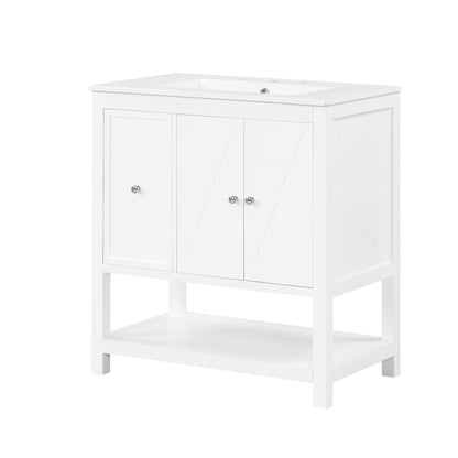 30" White Bathroom Vanity with Sink Top Freestanding Two Doors One Drawer