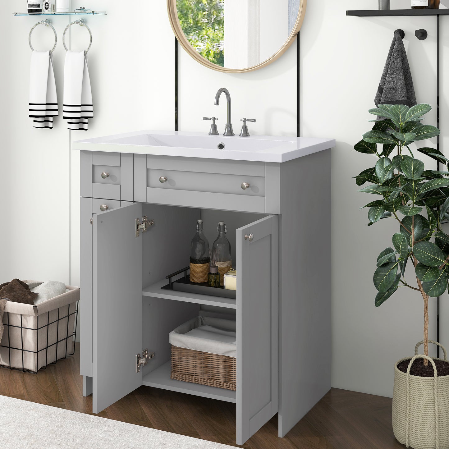 30" Grey Bathroom Vanity with Single Sink Freestanding Combo Cabinet