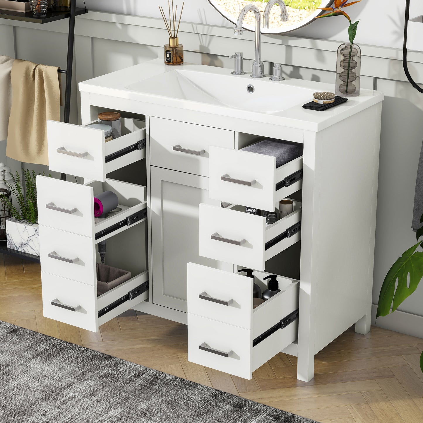 36" White Bathroom Vanity with Multifunctional Storage Space Freestanding