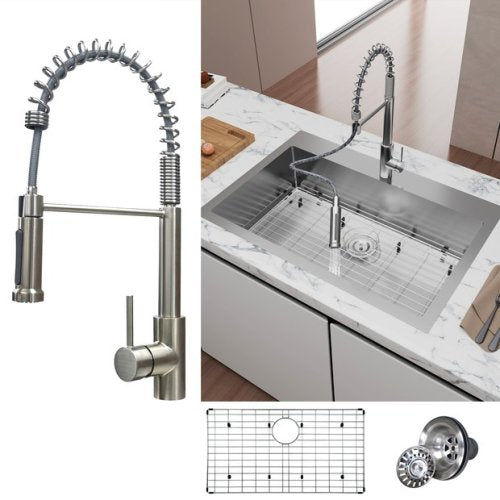 VENETIO 33 Inch Dual Mount Stainless Steel Kitchen Sink with Faucet Combo - Single Bowl, All-in-One Undermount or Drop-In Sink ➡ K-00021