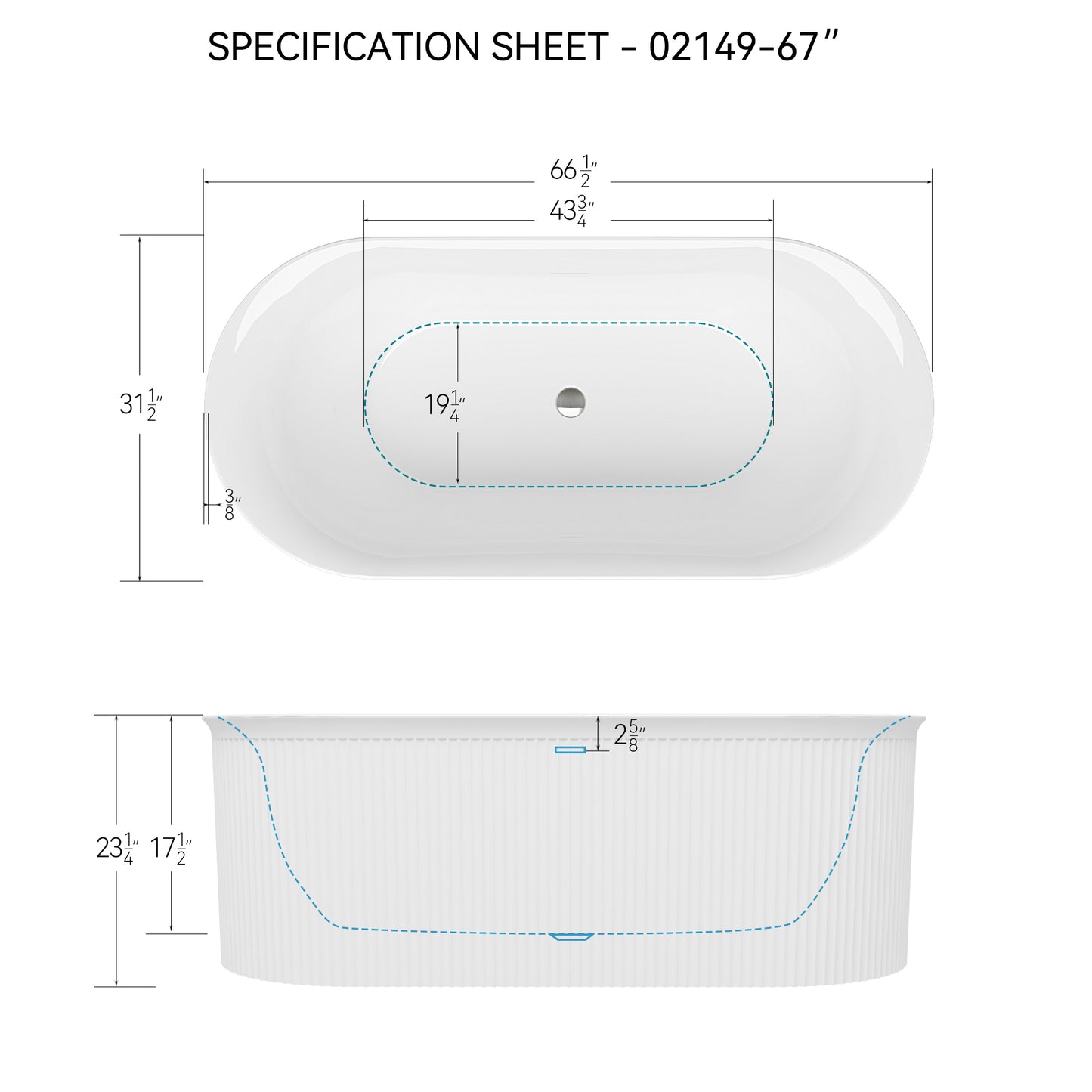 67" Gloss White Fluted Acrylic Freestanding Bathtub with Chrome Drain