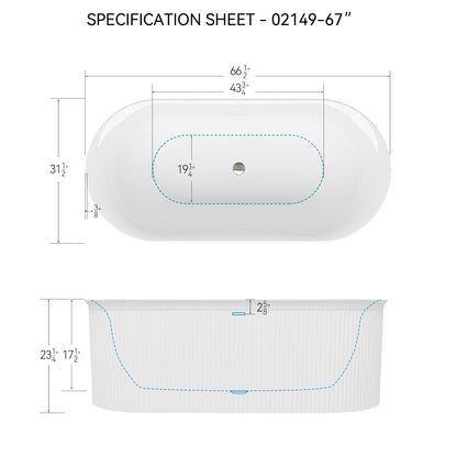 67" Gloss White Fluted Acrylic Freestanding Bathtub with Chrome Drain