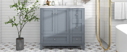 36" White & Gray Blue Bathroom Vanity with USB Charging Freestanding