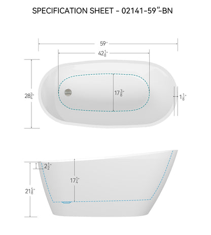 59" Glossy White Acrylic Freestanding Bathtub with Brushed Nickel Drain