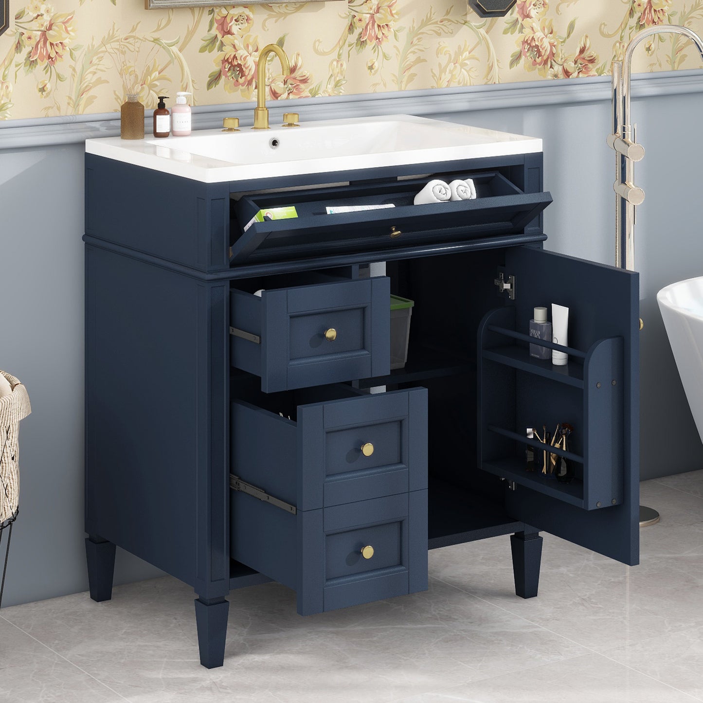 30" Modern Bathroom Vanity with Top Sink Freestanding 2 Drawers and Tip-out Drawer