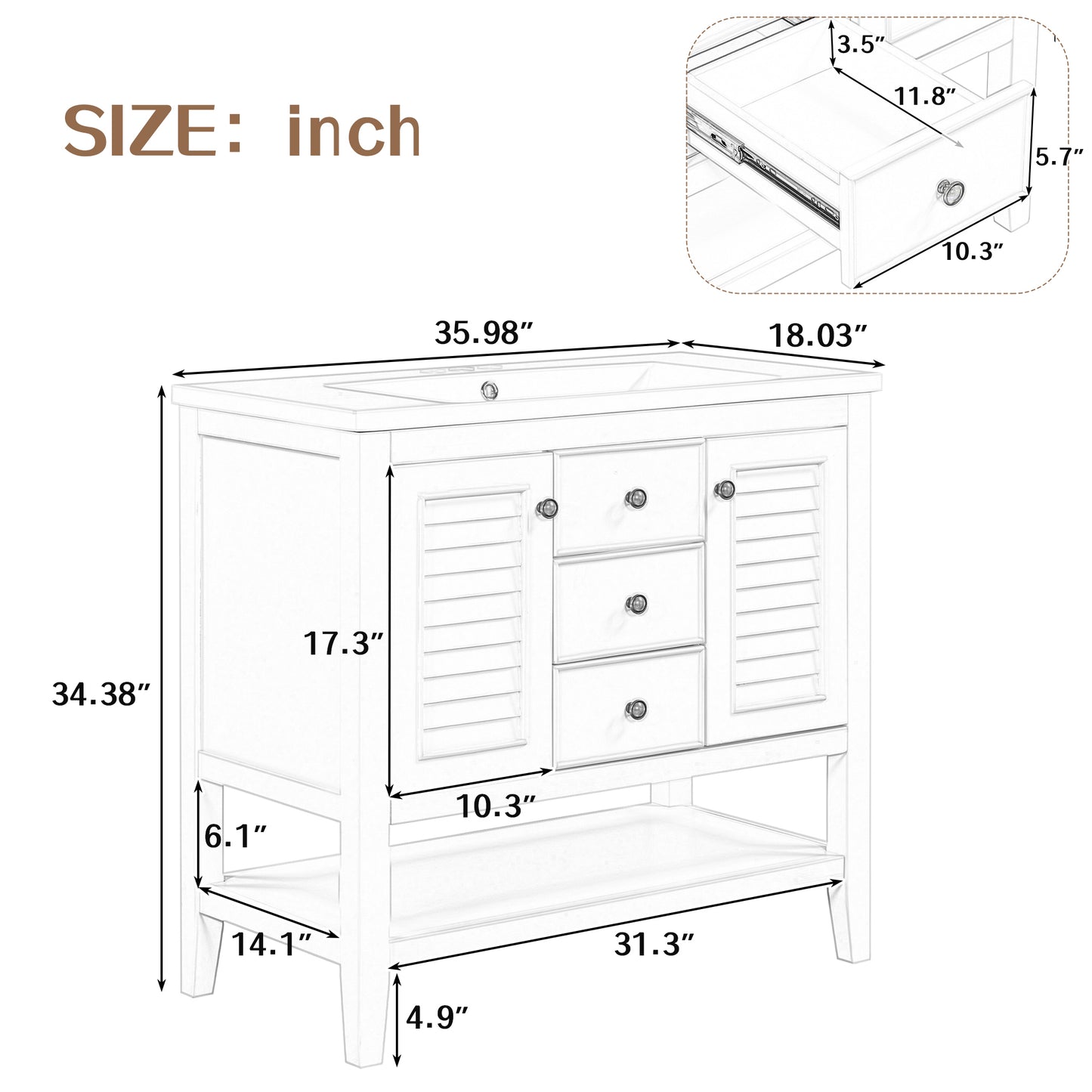 36" Grey Bathroom Vanity with Ceramic Basin Freestanding