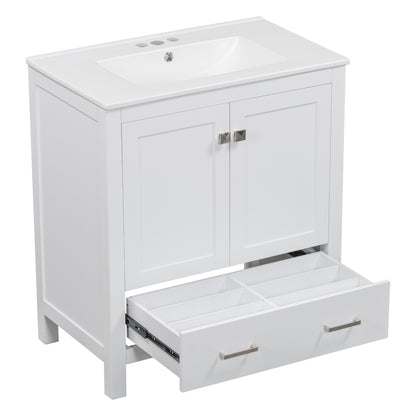 30" White Bathroom Vanity with Single Sink Freestanding Undermount Sink