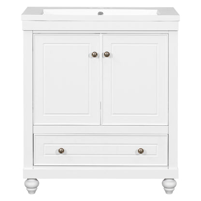 30" White Bathroom Vanity with Sink Freestanding Doors and Drawer