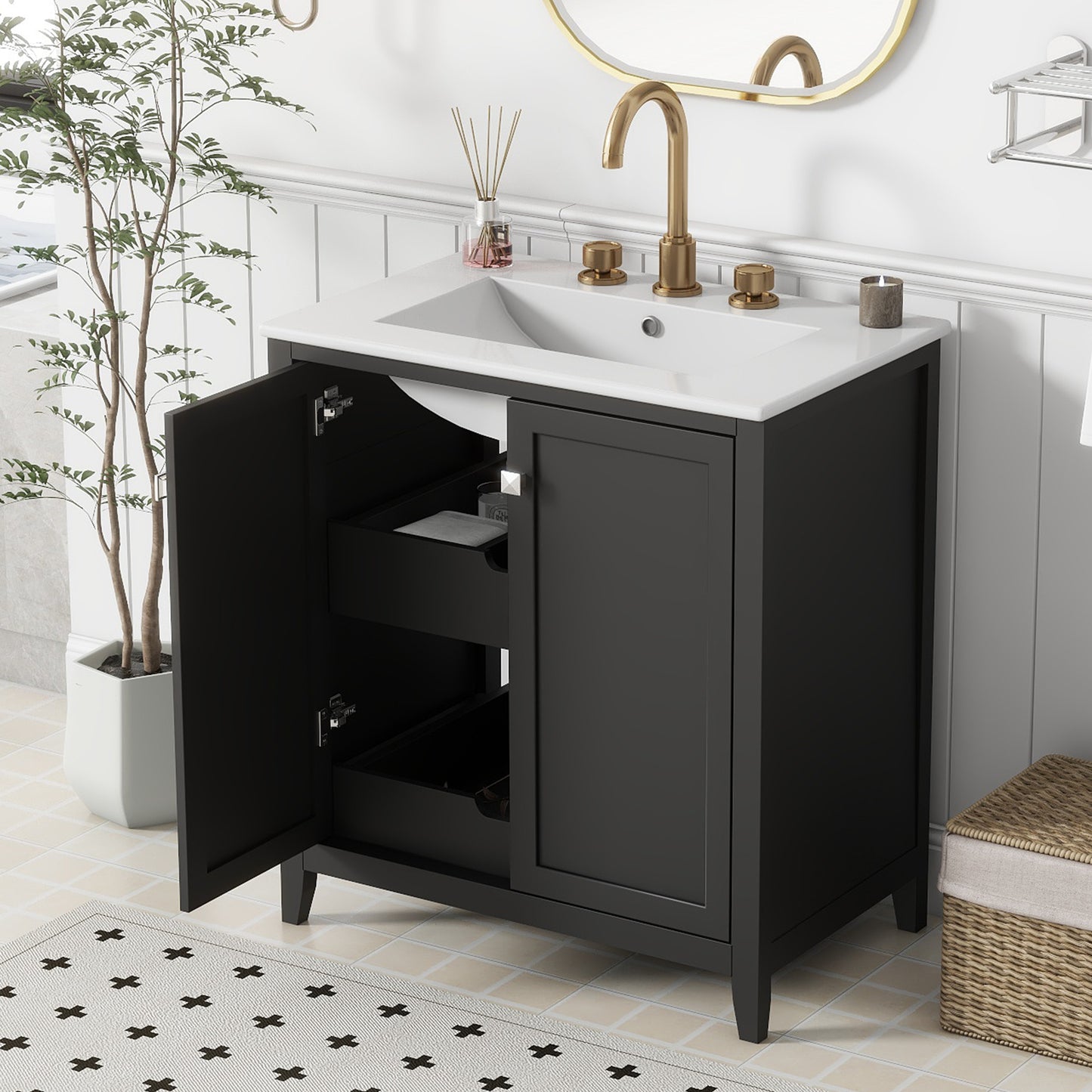 30" Freestanding Bathroom Vanity Combo with Ceramic Sink Shaker Style