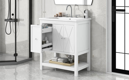 30" White Bathroom Vanity with Sink Top Freestanding Two Doors One Drawer