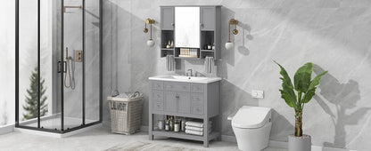 36" Modern Bathroom Vanity with Top Sink and Mirror Cabinet Freestanding