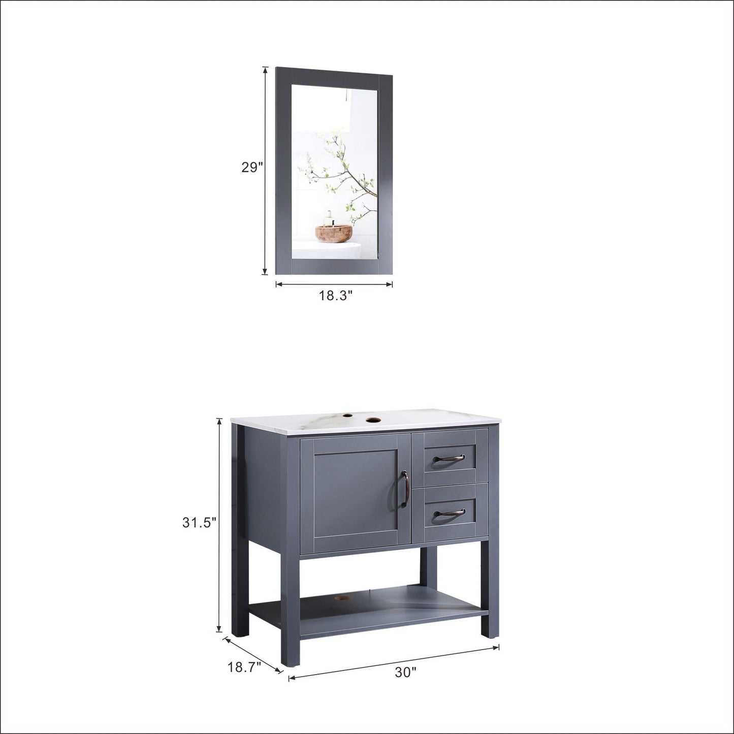 30" Grey Bathroom Vanity with Mirror and Top Only