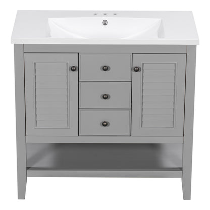 36" Grey Bathroom Vanity with Ceramic Basin Freestanding